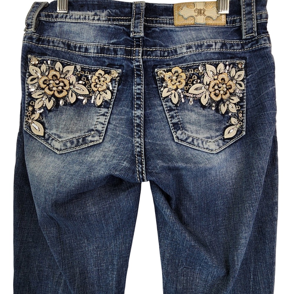Miss Me 25 Blue Easy Ankle Skinny Jeans Embellished Floral Pockets Y2K Western